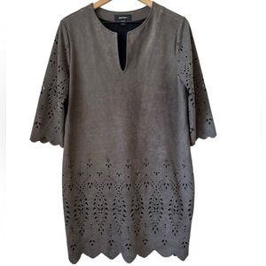 Karen Kane Laser Cut Sheath Dress Green Gray Sz M Suede Look Stretch Office Wear
